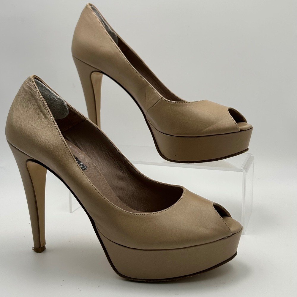 Bagatt Peep Toe Platform Pumps Womens 39 Beige Leather Italian Stiletto Chic